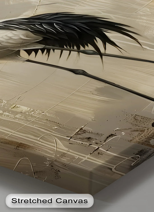 Negative space frames the fine detail and dynamic feathers of this elegant crane animal canvas print, a striking example of premium canvas decor.