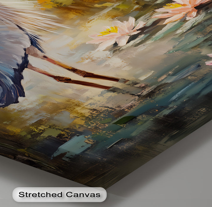 Graceful Heron Among Lilies – Serene Wildlife Canvas Print