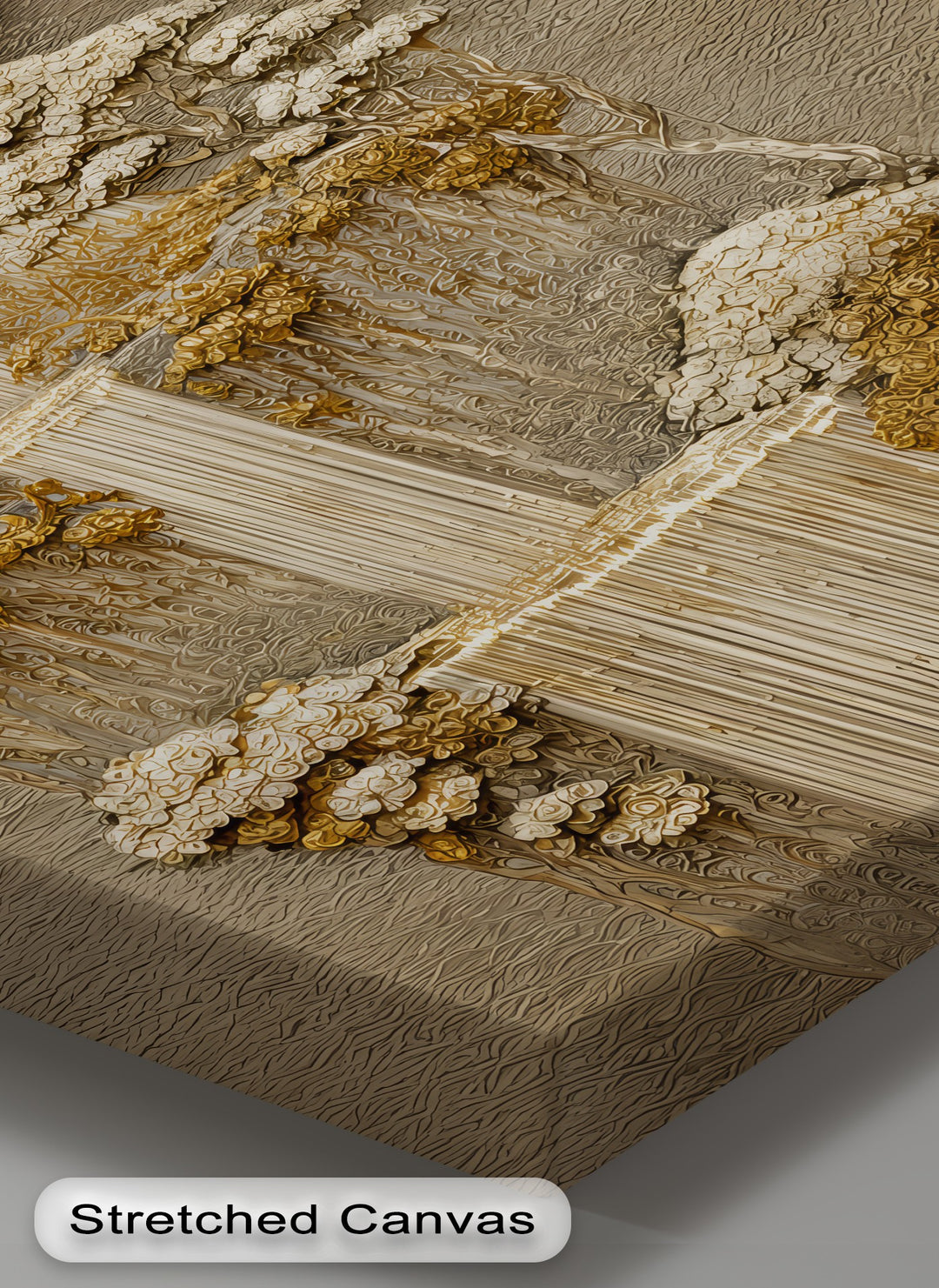 Golden Harmony – Layered Bonsai Trees and Waterfall Canvas Print