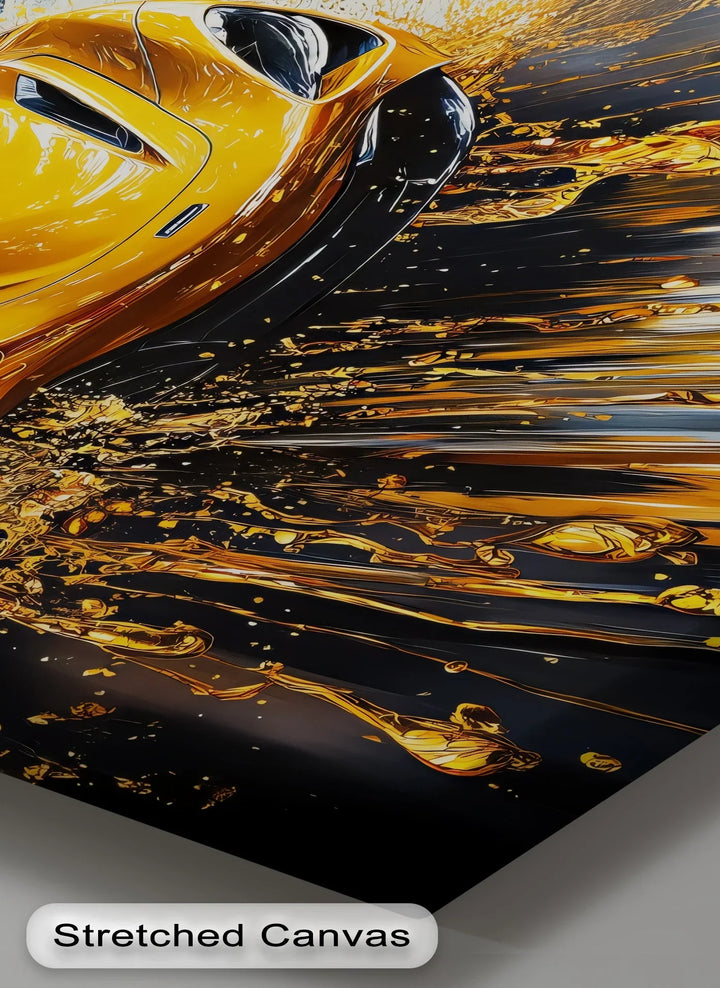 Velocity Splash – Yellow Supercar in Liquid Motion Canvas Print - MyPhotoStation