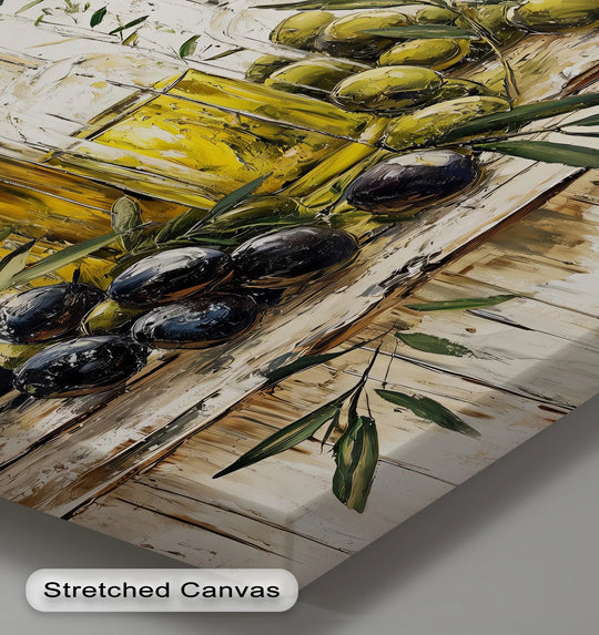 The visual rhythm of this rustic kitchen canvas print is created through a harmonious repetition of golden olive oil bottles and scattered olives, a form of big canvas prints.