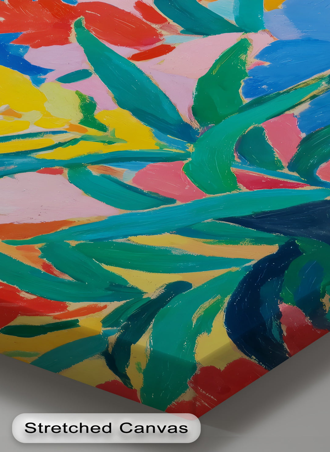 Central subject shown in this vibrant flower painting brings dynamic colors into focus, offering an eye-catching example of canvas wall decor.
