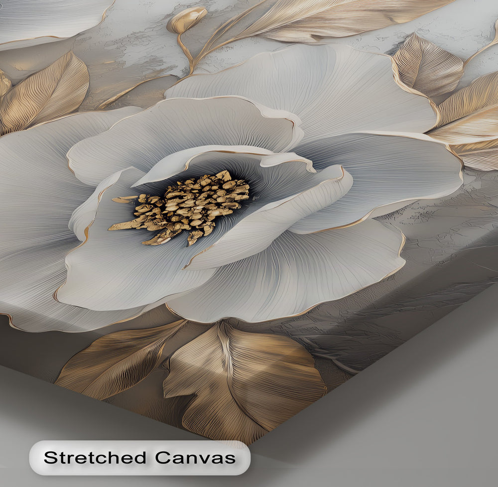 Blue Blossoms & Golden Leaves – sophisticated canvas print for modern interiors.

