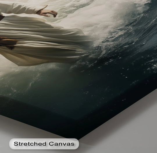Softly draped white robes create gentle ripples on the Faith on the Waves canvas, depicting Jesus walking on water, a beautiful example of best canvas prints.