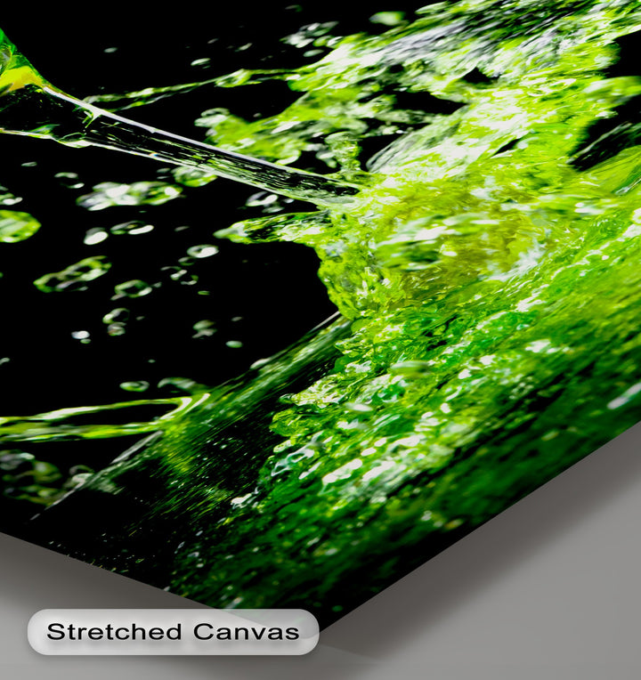 The dynamic layering of vibrant green liquid splashing against a dark backdrop creates an ethereal effect in this captivating canvas art print.