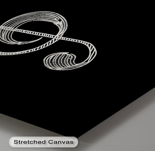 Striking color contrast defines the elegant treble clef line art as a unique canvas print, featuring a musical symbol against a stark black background.