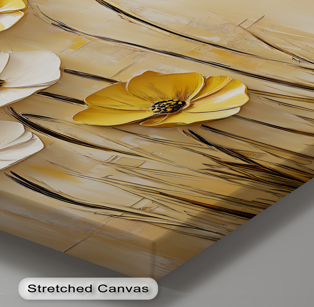 Blooming Yellow Flowers – neutral tone canvas wall art with texture.


