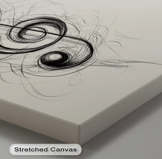 Negative space highlights the swirling lines of the treble clef, creating a dynamic abstraction in this monochrome Whirl of Melody canvas wall decor.