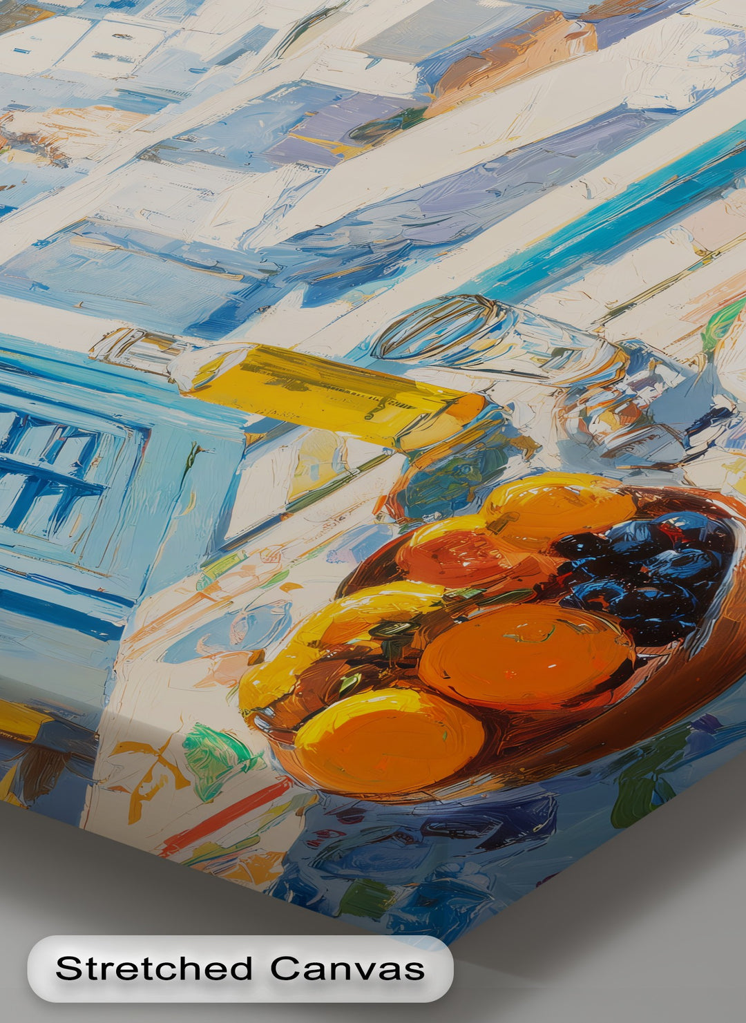 Visual rhythm of repeating angular shapes creates an energetic and textured effect in this Greek Window View framed canvas art print of a Santorini scene.