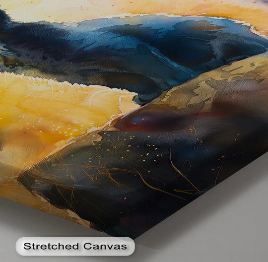 Finely stretched canvas wall decor enhances this expressive 'Black Cat in Golden Light Watercolor' print with its rich texture and saturated color fidelity.