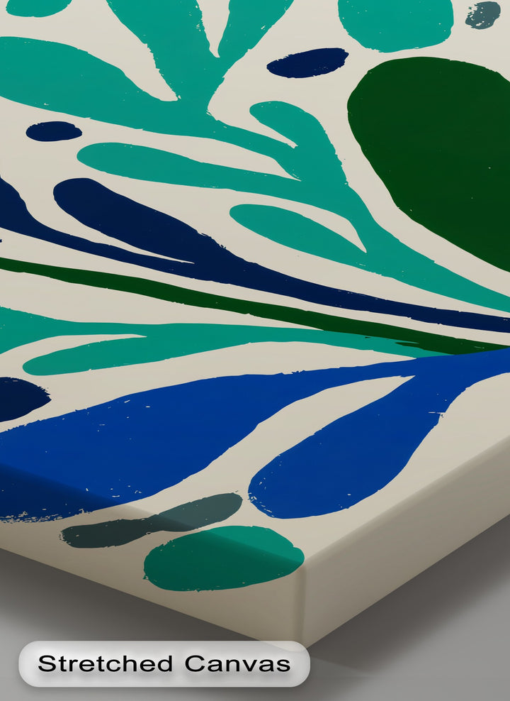 The stillness of the modern blue botanical canvas wall art is captured with minimalist abstract leaf shapes in navy, teal and green.