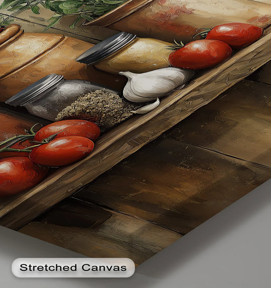 Soft light highlights the herb garden shelf and the rustic kitchen framed canvas print, featuring ripe tomatoes and spices in muted tones.