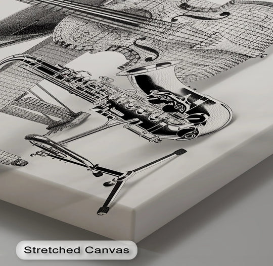 Standing prominently, the saxophone commands attention as the loudest element in this striking monochrome jazz ensemble blueprint canvas pictures.