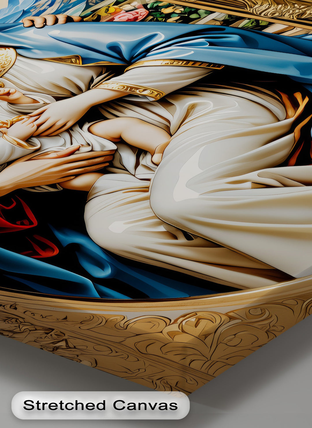 The focal point highlights the gentle hands of the Holy Family, emphasizing their divine bond and intricate gold details in this premium canvas decor.