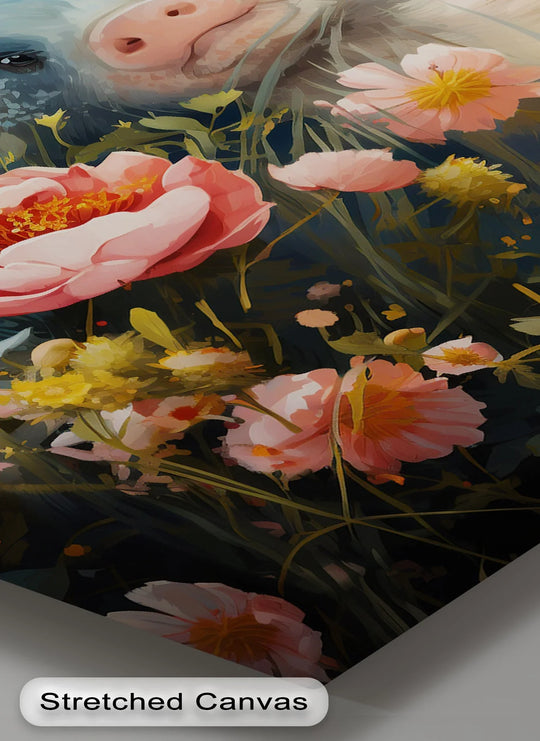Visual rhythm of pink petals and verdant foliage creates a striking pattern in this Blossom Companions – Piglets Among Spring Blooms animal big canvas prints.