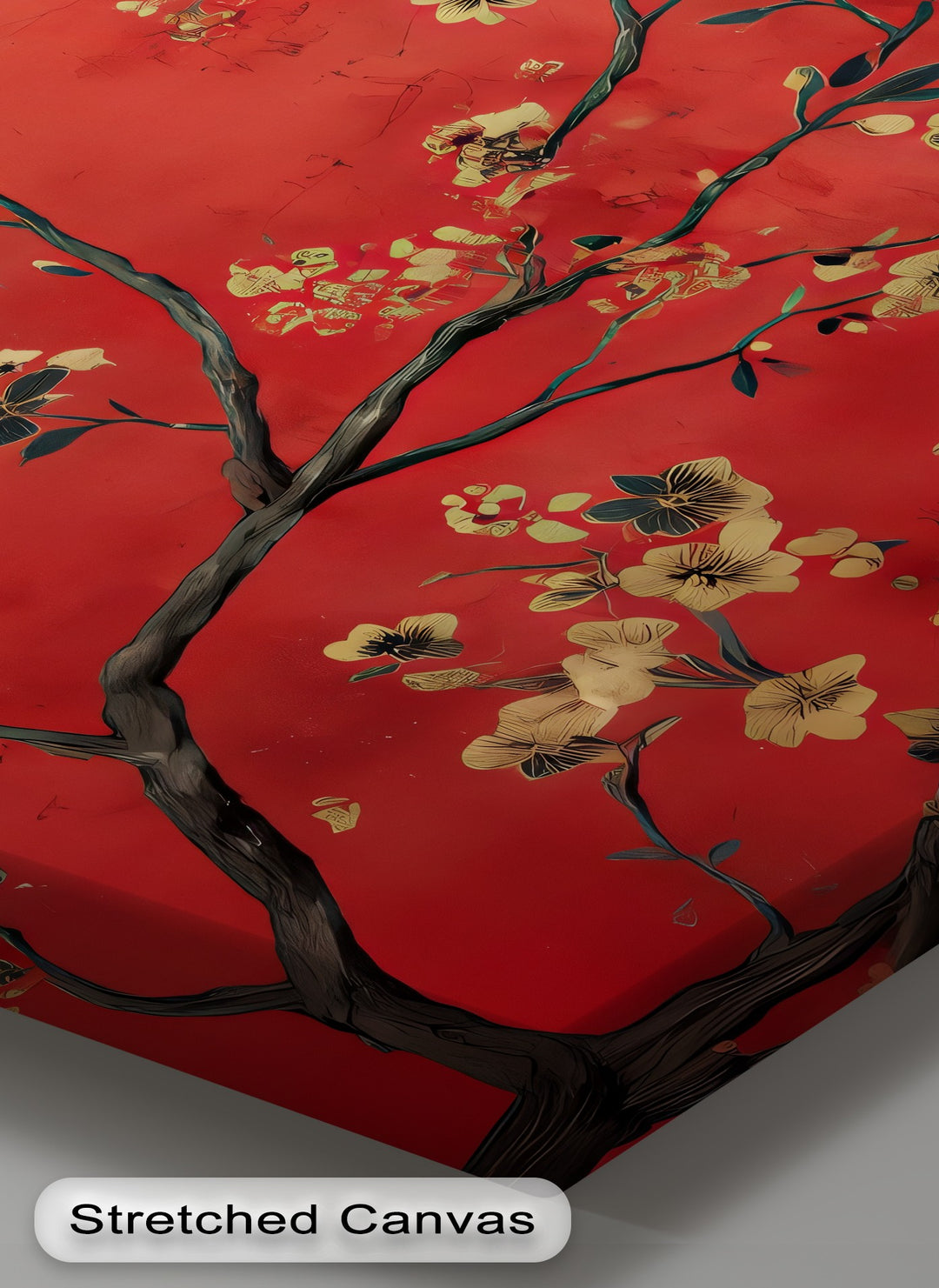 Crimson Melody – Golden Blossom Birds Canvas Wall Art | Framed Art