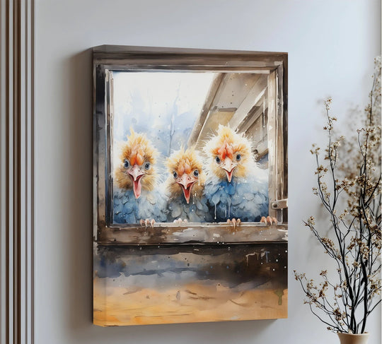 Soft watercolor washes evoke fluffy down in this charming animal canvas artwork featuring curious chicks peering from a rustic window.