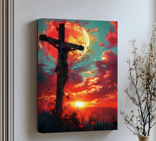 Canvas wall art showing the Crimson Redemption Jesus on the Cross at Sunset and a powerful Christian artwork