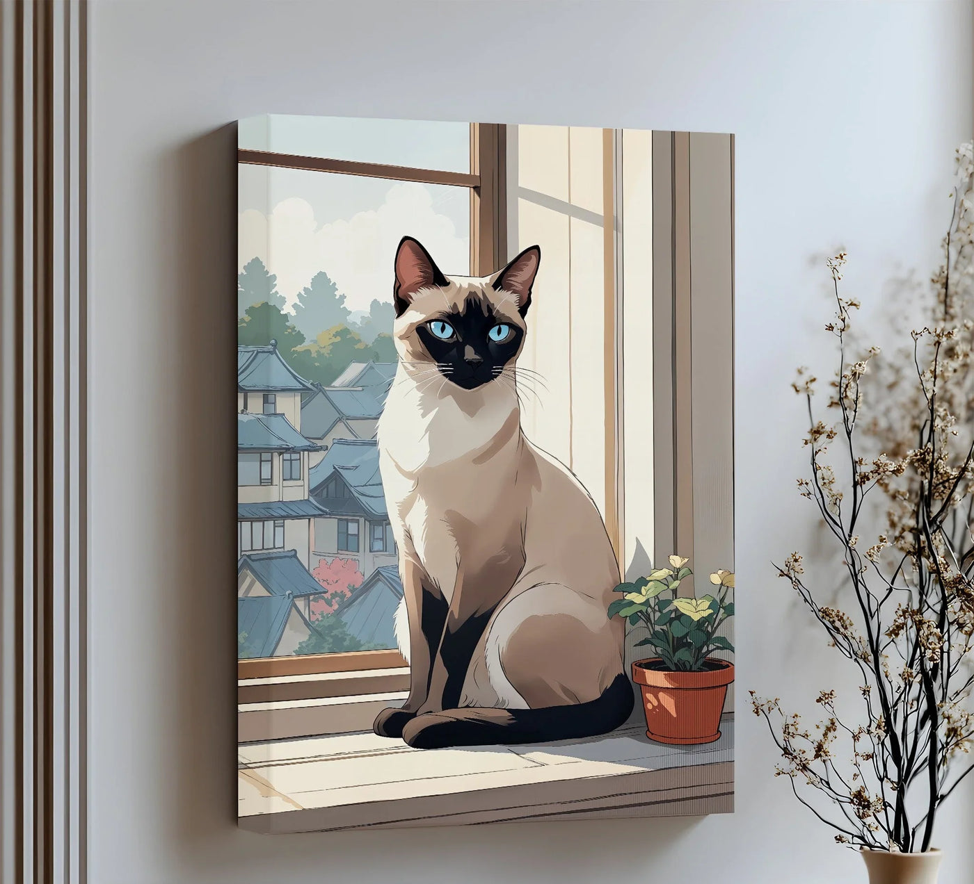 Concerning color saturation, the Siamese cat canvas print features a sun-drenched window scene where vivid hues and artful composition create a distinctive hanging canvas artwork.