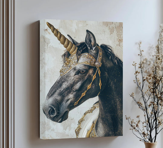 Dramatic color contrast defines this regal black unicorn canvas pictures, adorned with glimmering golden armor, set against a textured, muted backdrop.