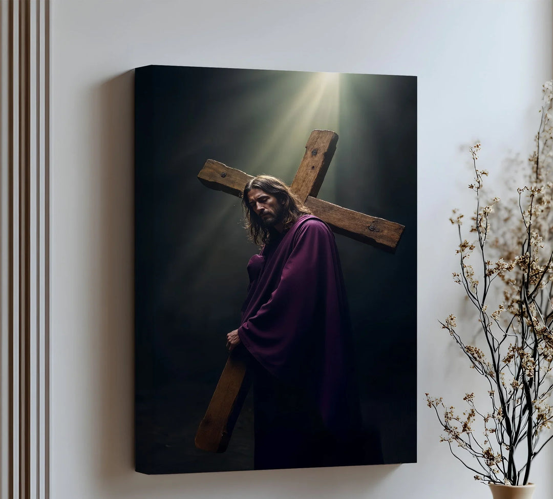 Witness unwavering sacrifice in this stirring canvas wall art of Jesus bearing the cross beneath heavenly light.

