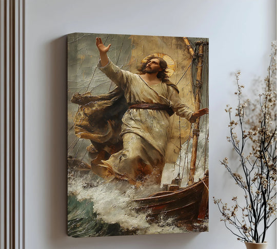 Light and shadow emphasize the texture and depth in this unique canvas print depicting Jesus calming the storm.