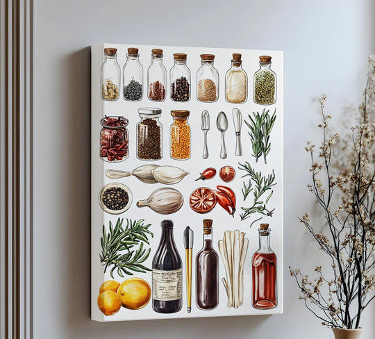 Ample negative space surrounds the detailed kitchen essentials like herbs and spices, highlighting the illustrative style of the best canvas prints for a clean aesthetic.