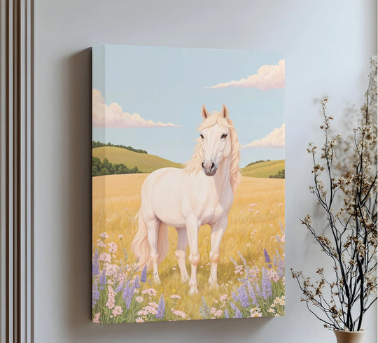 Transitioning smoothly, the golden field in this animal canvas print shifts to the soft hues of a blue sky in this unique canvas print, showcasing a stallion among wildflowers.