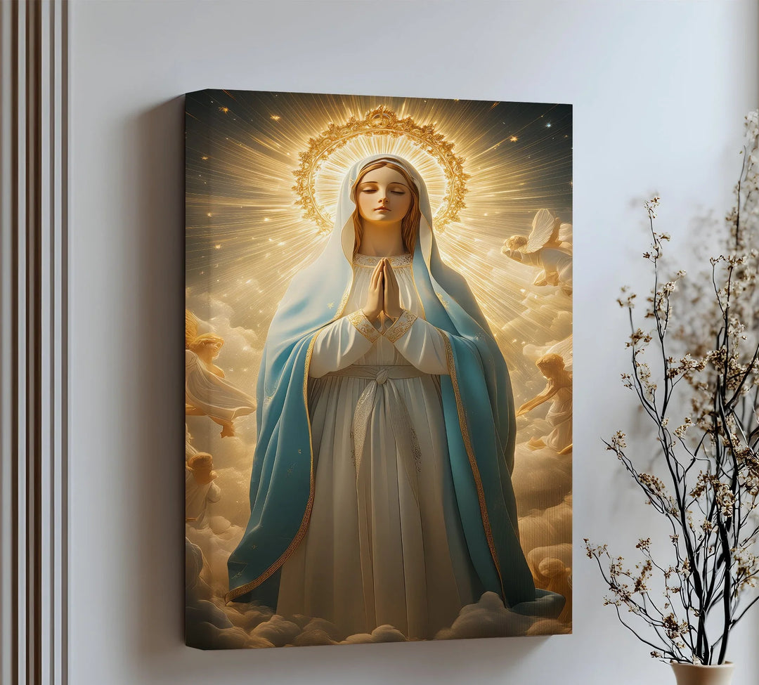 Elevate your space with this radiant canvas wall art of the Virgin Mary surrounded by heavenly light.


