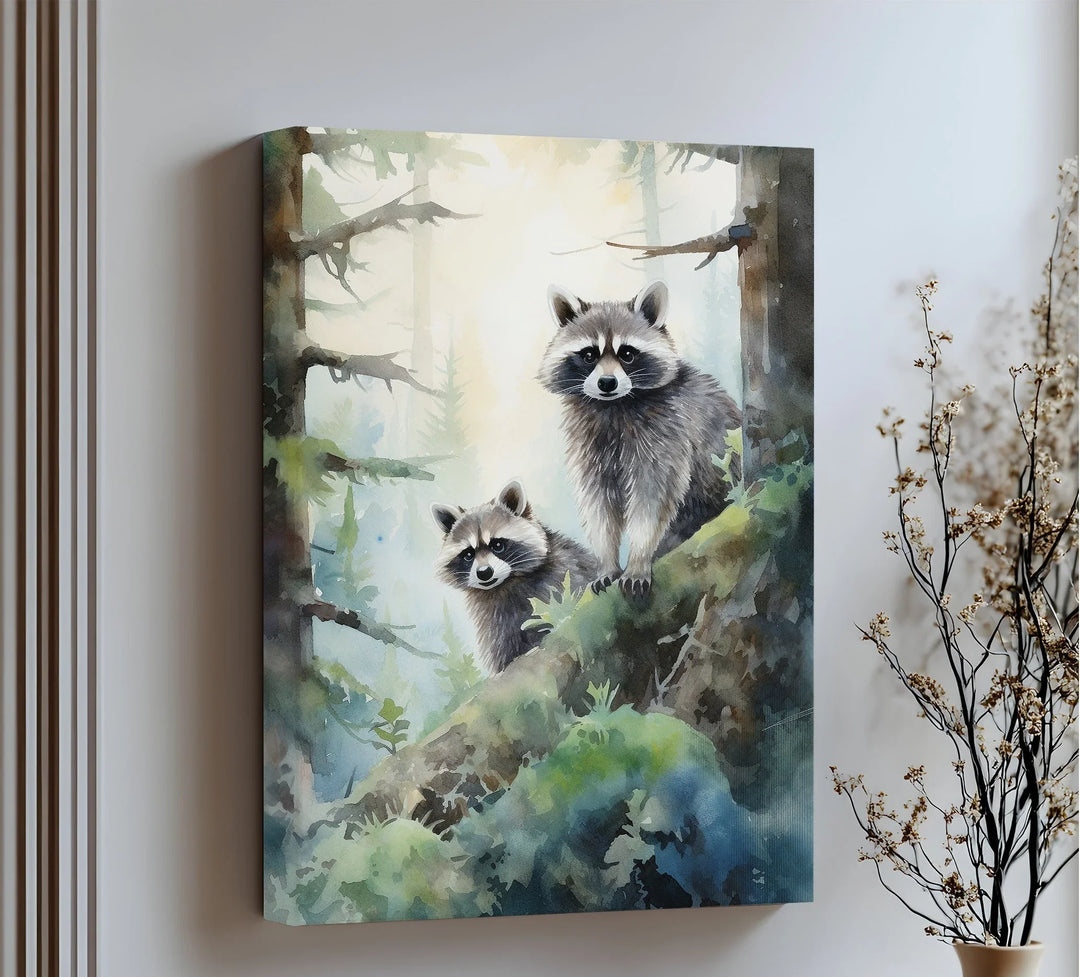 Curious Companions – Raccoons in Forest Animal Canvas Print - MyPhotoStation