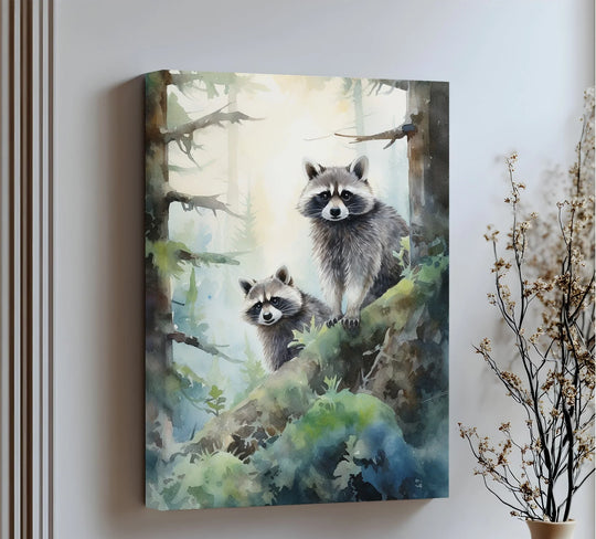 Soft watercolor textures define the serene forest backdrop in this best canvas prints art, highlighting the curious raccoons canvas print.