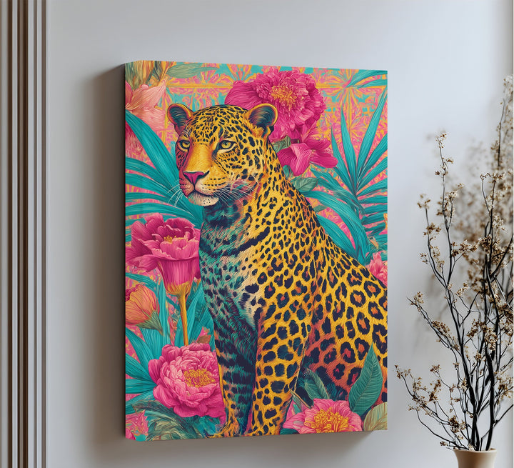 Regal Jungle Majesty – Vibrant Leopard in Floral Canvas Print