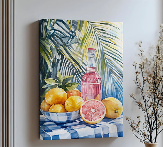 Depicting the darkest area, this canvas wall decor showcases a still life featuring citrus fruits, a refreshing pink juice bottle, and vibrant tropical foliage.