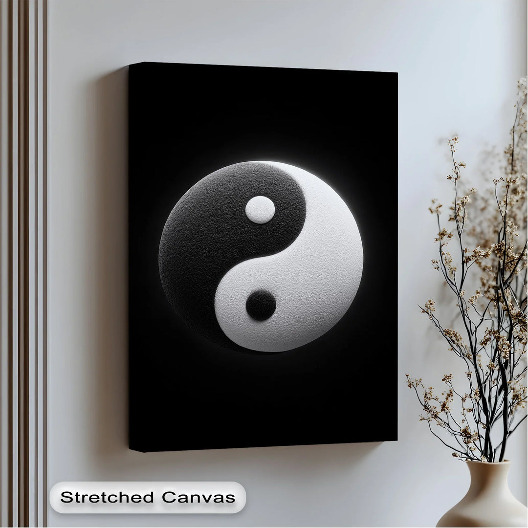 Textured Yin Yang Symbol on Black Canvas Art

