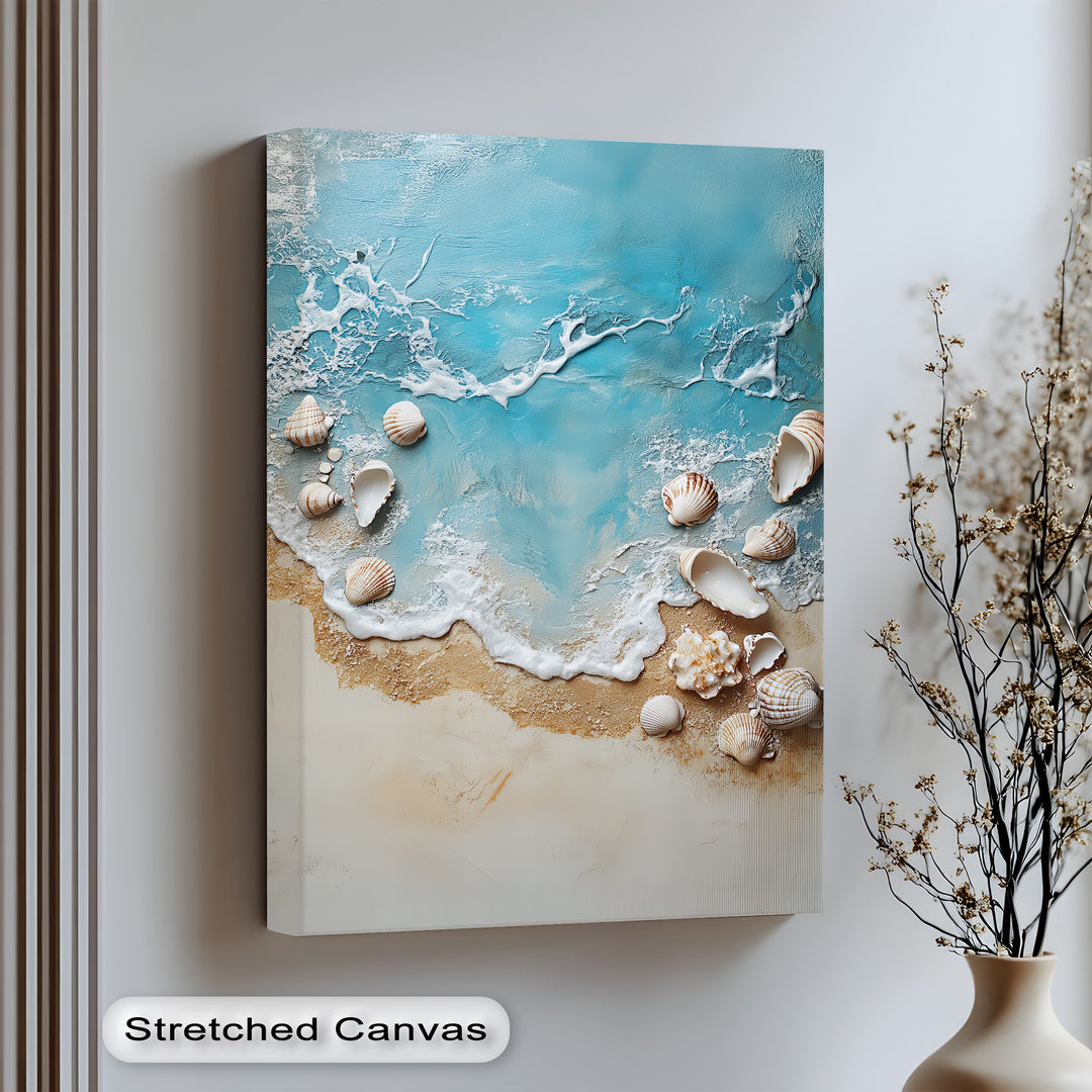 Let the tide roll in with this stunning canvas wall art of seashells and foamy surf.

