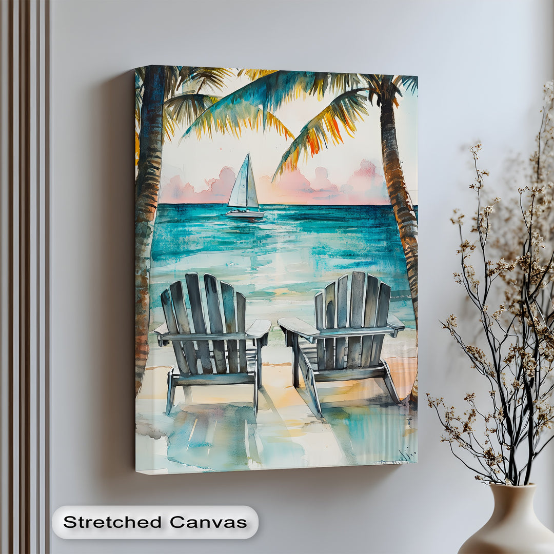 Relax beneath the palms with this dreamy canvas wall art of a tropical ocean view.

