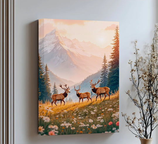 Crisp edges define this majestic elk in alpine meadow animal canvas print, highlighting its form as a unique canvas print in a serene landscape.