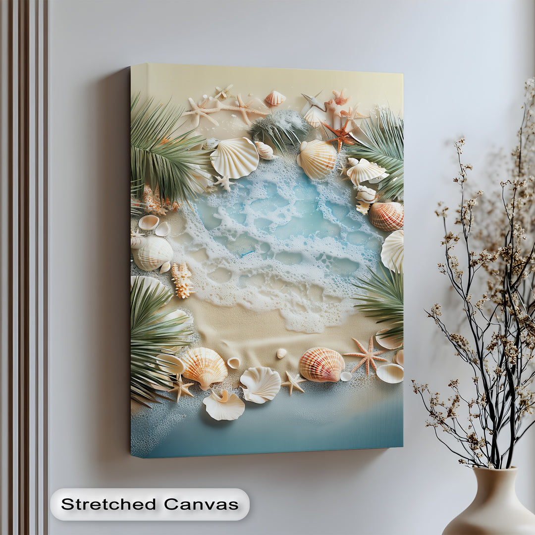 Coastal charm comes to life in this vibrant canvas wall art of seashells and tide.

