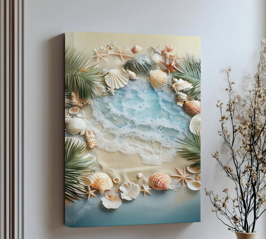 Beige and azure tones dominate this coastal beach unique canvas print art, displaying a serene seashell design with hints of sandy shores and foamy tides.