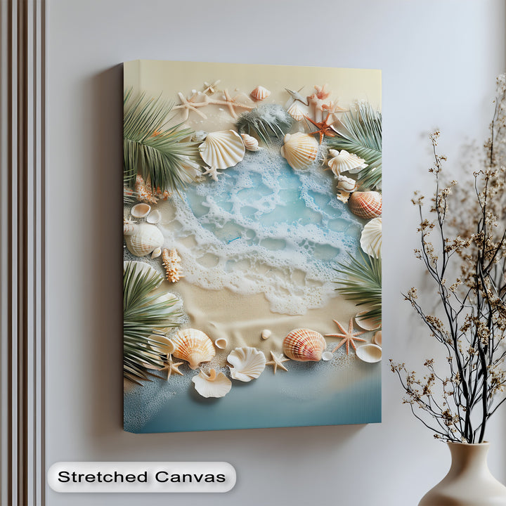 Coastal charm comes to life in this vibrant canvas wall art of seashells and tide.

