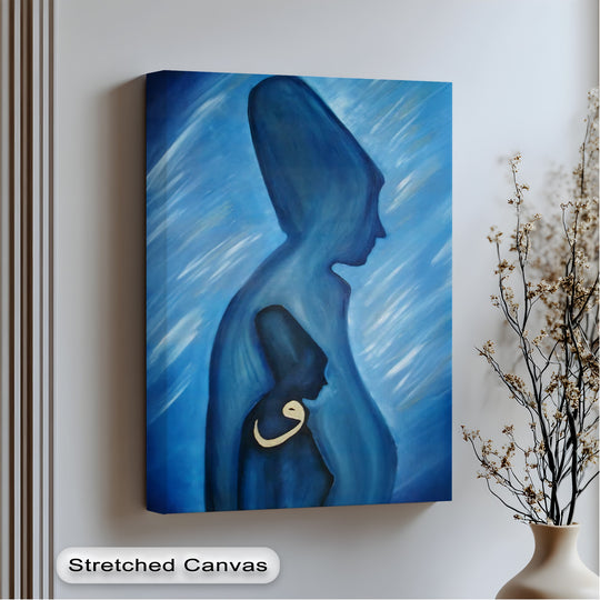The realistically detailed, abstract blue Sufi figures create a spiritually evocative image on this unique canvas print, highlighting the eternal silence depicted in the black art.