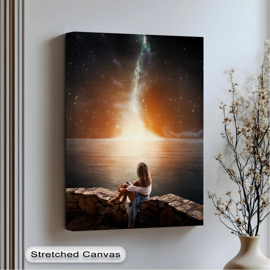 Canvas wall art stargazing woman on rocks and cosmic reflection plus celestial sky and ocean themes