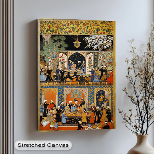 Yellow and orange tones dominate this 'Royal Feast – Persian Miniature Canvas Print,' creating a unique canvas print that captures the intricate details of the historical scene.