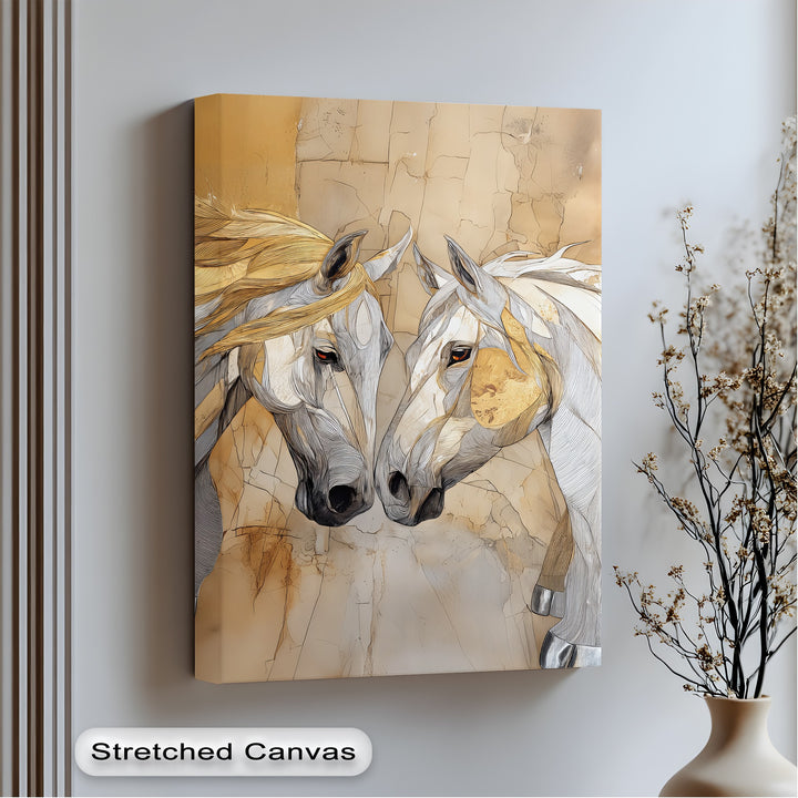 Desert Bond – Twin Horses in Earth-Tone Line Art Canvas Print