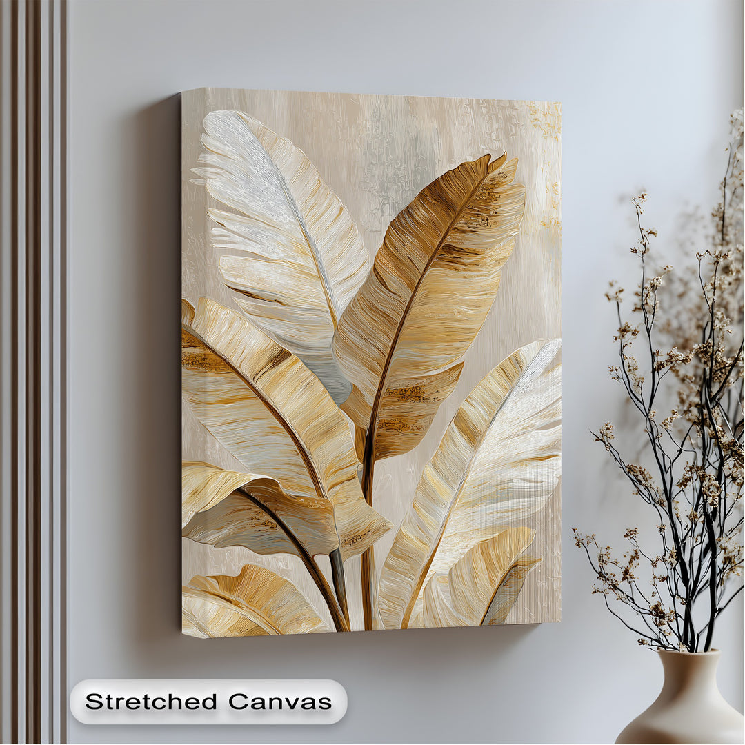 Highlighting the darkest area, this golden tropical leaf canvas print offers stunning canvas wall decor with its elegant, neutral, botanical design.