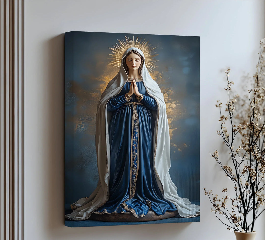 Grace your home with this majestic canvas wall art of the Virgin Mary in radiant blue and gold.

