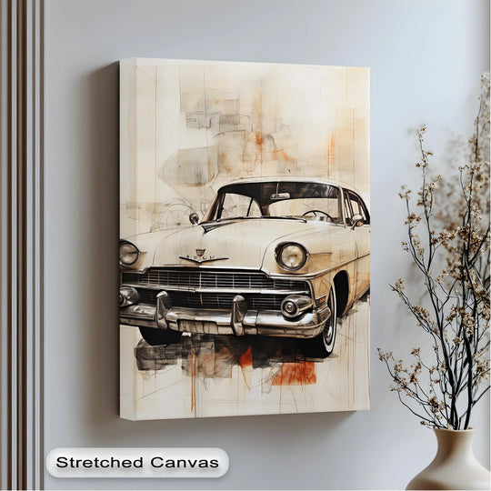 Showcasing the layering effect, the elegant cream cruiser canvas painting features overlapping lines and shapes that accent the vintage car.