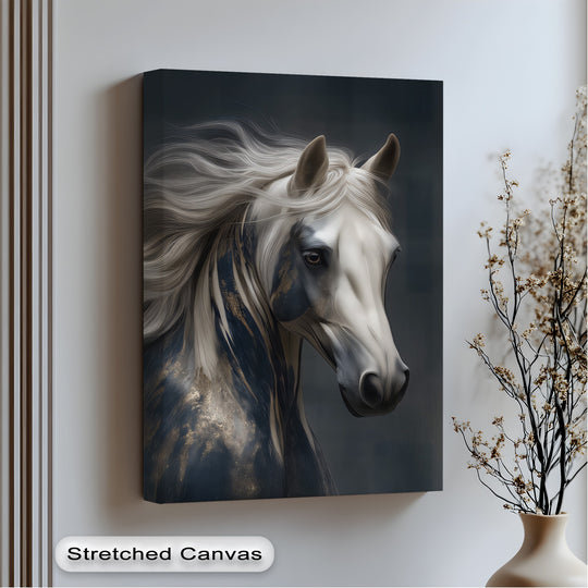 Canvas wall art white mane horse portrait in navy and gold a silent horse portrait print for luxury equestrian decor