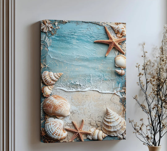The realistic detail of ocean shore shells creates stunning premium canvas decor in this vertical beach canvas print, featuring textured seashells and a captivating shoreline.