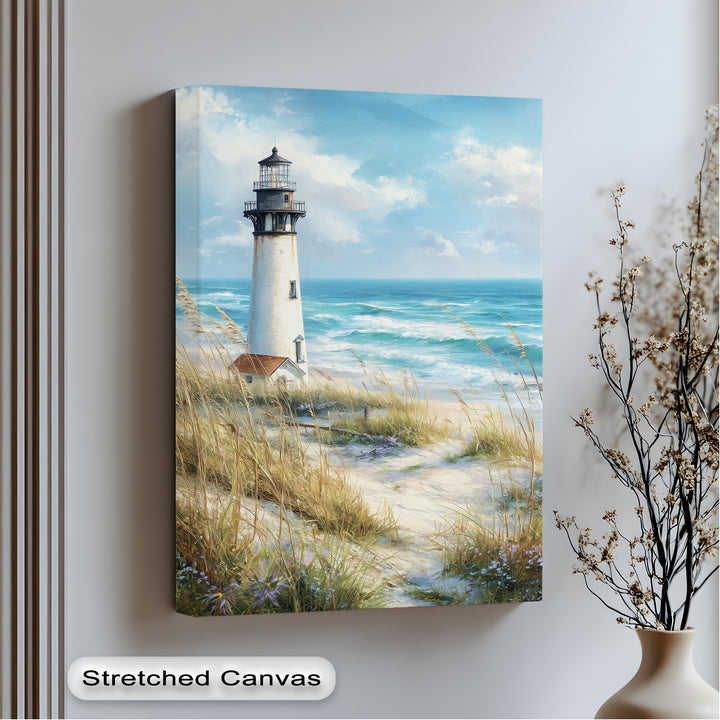 Brushstroke surface texture is evident in this coastal lighthouse big canvas prints, showcasing the serene beach landscape art with dimensional depth.